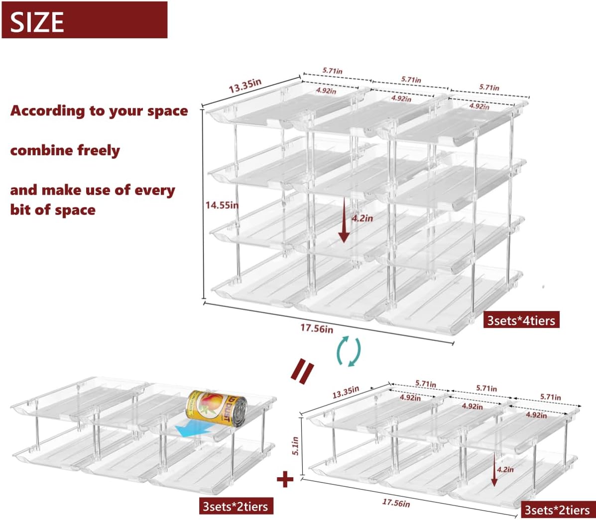 Can Organizer for Pantry, 3 Sets 4 Tiers Can Storage Organizer Pantry,Soda Can Organizer for Fridge 48 Cans Rack Automatic Rolling Stackable Canned Food Organizer,Clear