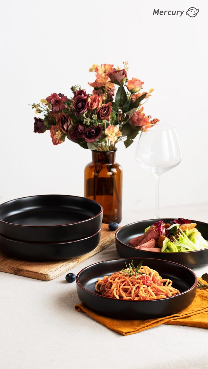 famiware Mercury Pasta Bowls Set of 4, 33 oz Large Salad Bowls, Ceramic Pasta Plates Bowls, Serving Bowls for Kitchen, Microwave & Dishwasher Safe, Black