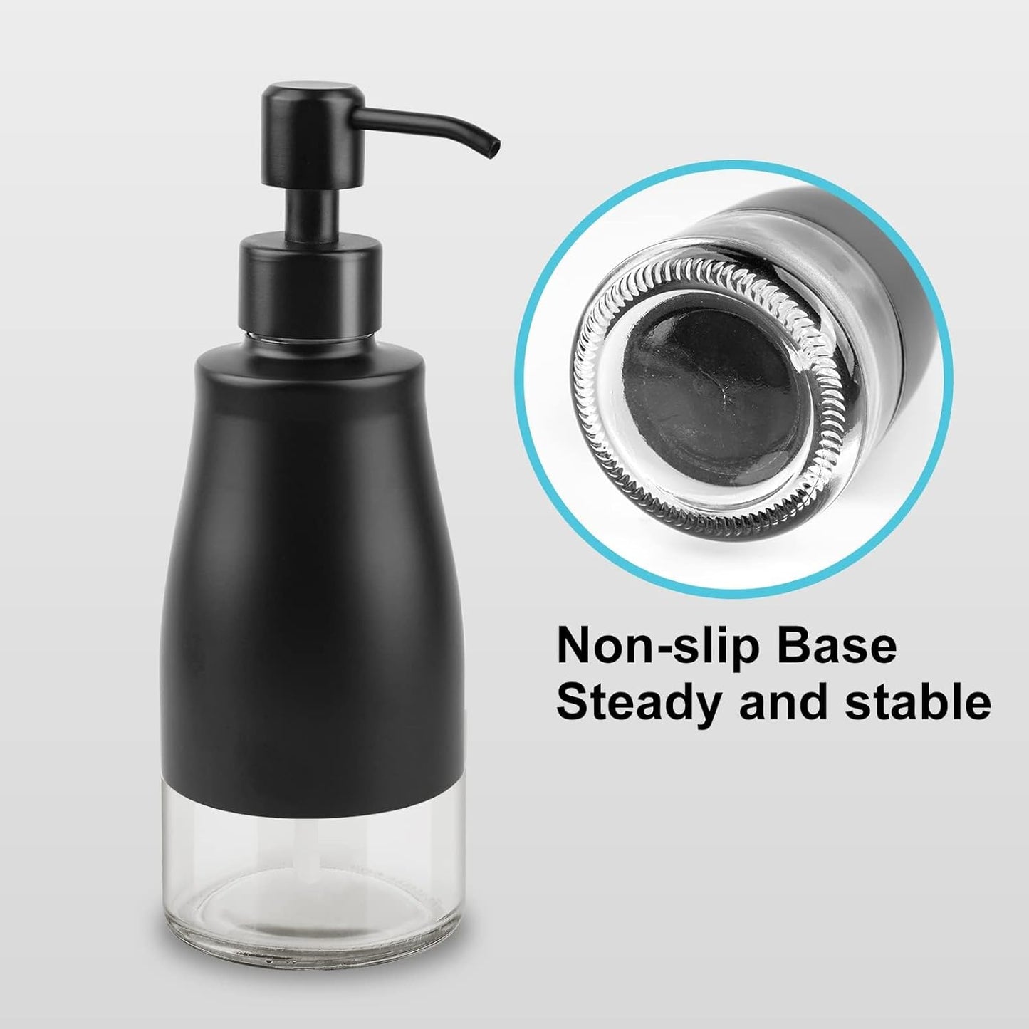 Soap Dispenser with Non-Slip Silicone Pad, 2 Pack Kitchen Dish Refillable Liquid Dispensers, Matte Black Hand Soap Dispenser for Bathroom, Stainless Steel Case Glass Liner Hand Pump Dispensers