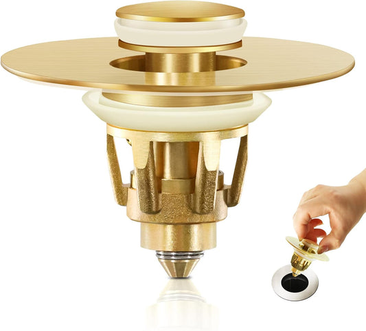 Gold Bathroom Sink Stopper，Pop Up Drain Stopper for Bathroom Sink，‎2-in-1 Sink Stopper & Strainer,Universal Wash Basin Sink Stopper，Suitable for 1.1"~1.5" Bathroom Sink Drain Pipe（Gold Matte Brushed）
