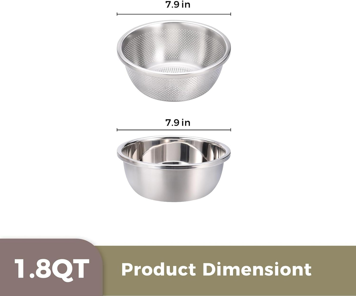 Colander and Bowl Set 1.8QT (2-in-1) - Thickened 304 Stainless Steel Kitchen Strainer Bowl for Fruit, Pasta, Vegetables, Rice - Heavy Duty, Induction Cooker & Dishwasher Safe