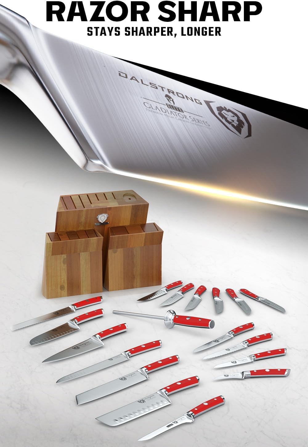DALSTRONG Gladiator Series Elite-18pc Stainless Steel Knife Set with Block-High Carbon German Steel-Acacia Wood Block-Knife Set w/Red Handles-NSF Certified-Men's Valentines Gift