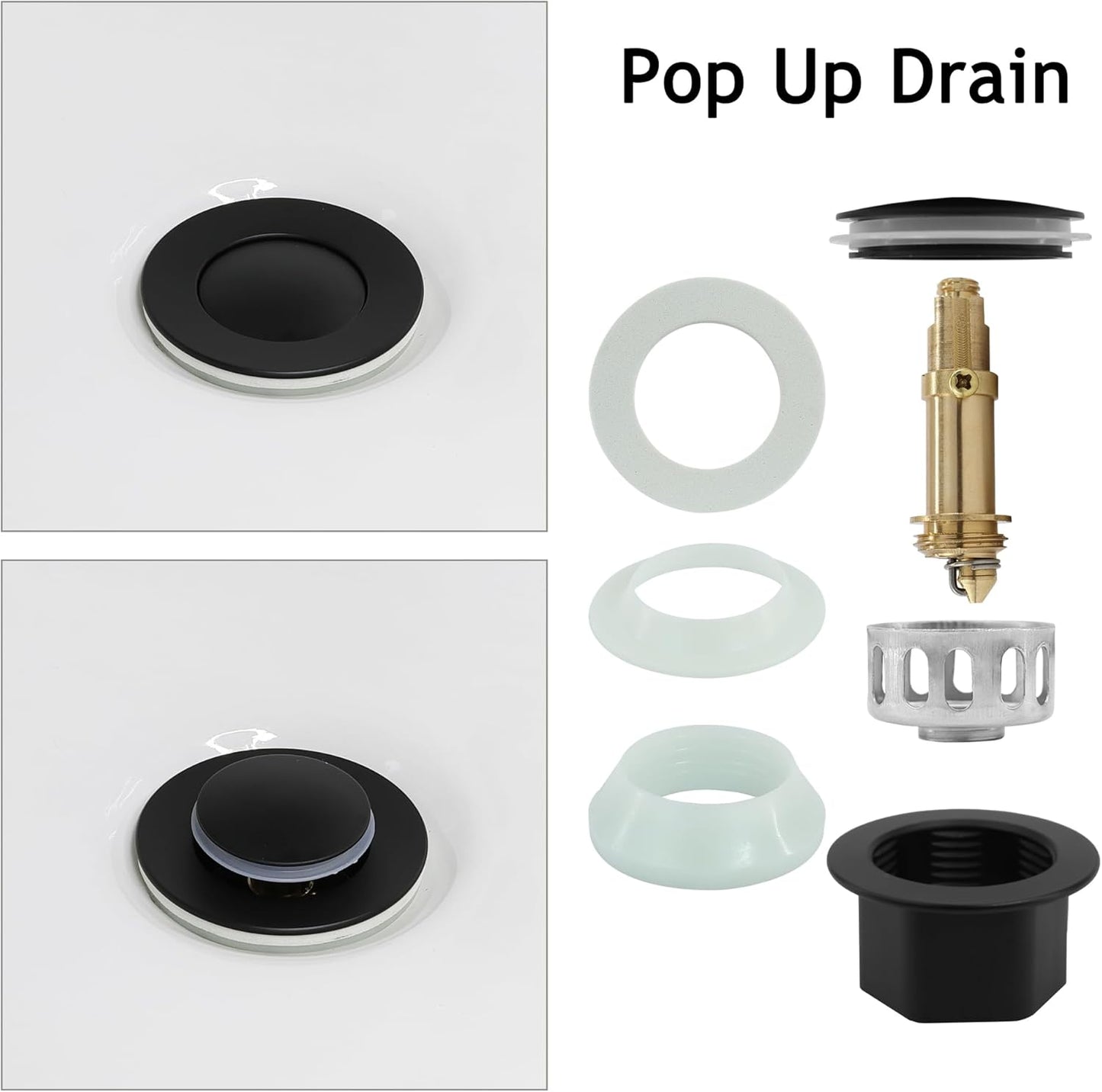 Bathroom Sink Drain,Drain Stopper Bathroom Sink with Overflow,Small Cap Pop Up Drain Assembly with Detachable Strainer Basket,Built-in Anti-Clogging, Stainless Steel Nut Matte Black