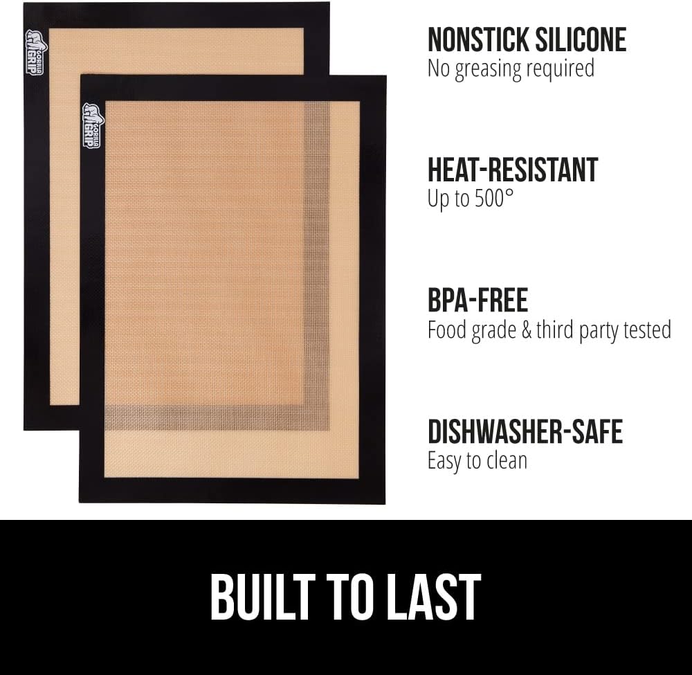 GORILLA GRIP Reusable Nonstick Silicone Baking Mat, 2 Pack, BPA-Free Oven Safe Food Liner, For Cookie Sheets, Toaster Ovens, Easy Clean Kitchen Pastry Mats, 11.75x8.25, Small Quarter Sheet Size, Black