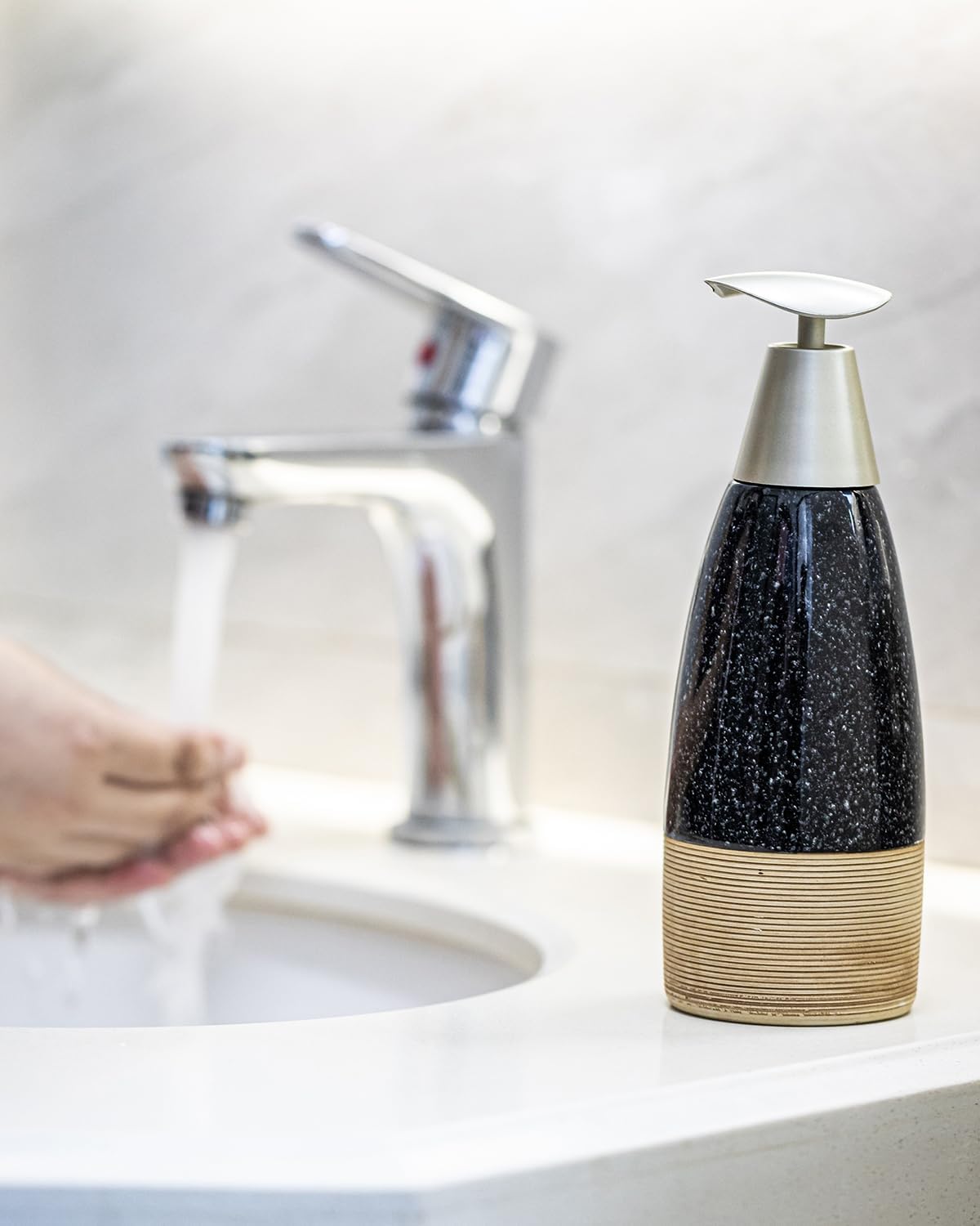 Ceramic Dish Soap Dispenser with Plastic Pump & Stainless Steel Pump for Hand Soap, Shampoo, Lotion, Conditioner, 12 oz Refillable Soap Bottle with Silicone Funnel for Bathroom & Kitchen, Black