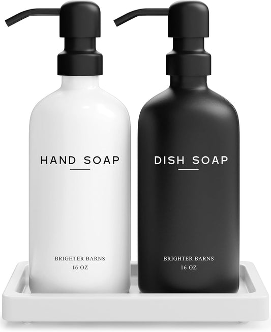 Luxury Glass Hand and Dish Soap Dispenser Set by Brighter Barns - Kitchen Soap Dispenser Set with Tray for Kitchen, Home or Restaurant - Modern Farmhouse Kitchen Decor (Black/White)