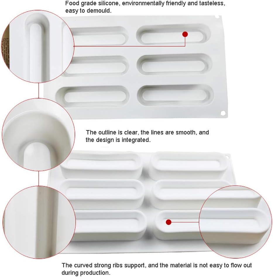 OCPO KITCHEN Eclair Silicone Mold for Baking Mousse Cake, French Dessert, Pastry, Chocolate, Ice Cream, Cake Decoration Mold, 3D Concave Eclair Shape (6-Cavity)