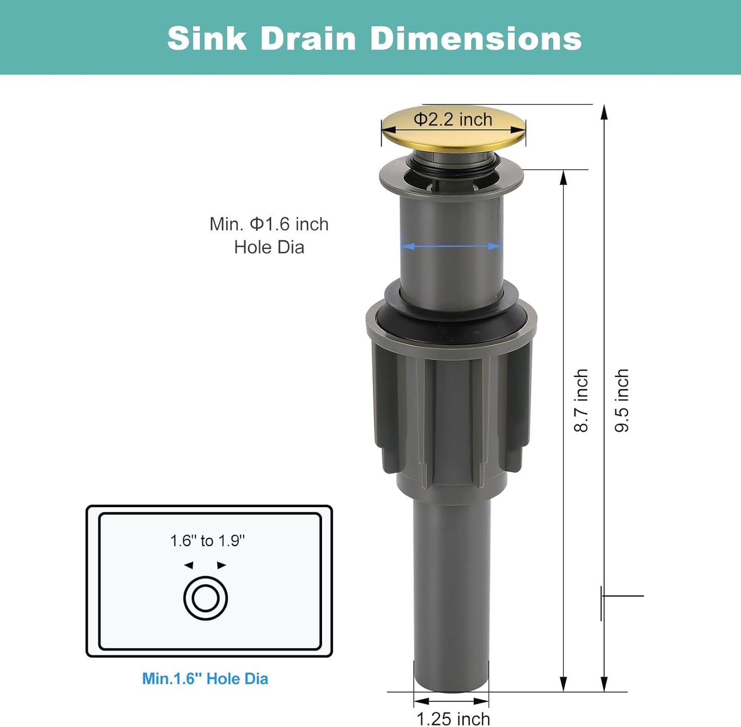 Bathroom Sink Drain Without Overflow, ARCORA Brushed Gold Pop Up Drain for Vessel Sink Clicker Drain Stopper