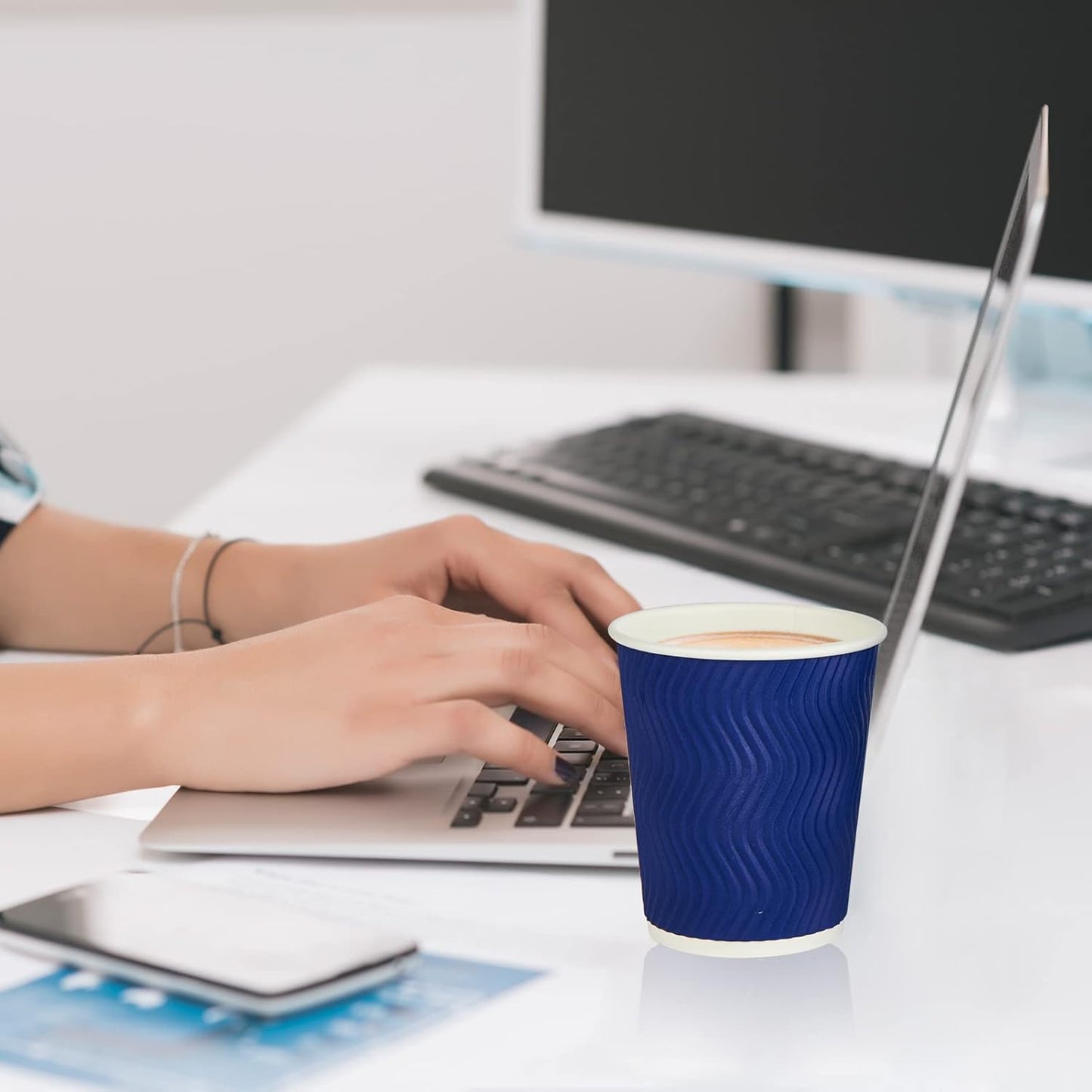 JollyPack 120 Pack 8 oz Paper Coffee Cups, Blue Disposable Beverage Cups with Insulated Ripple Wall for Coffee, Tea, and Hot Chocolate