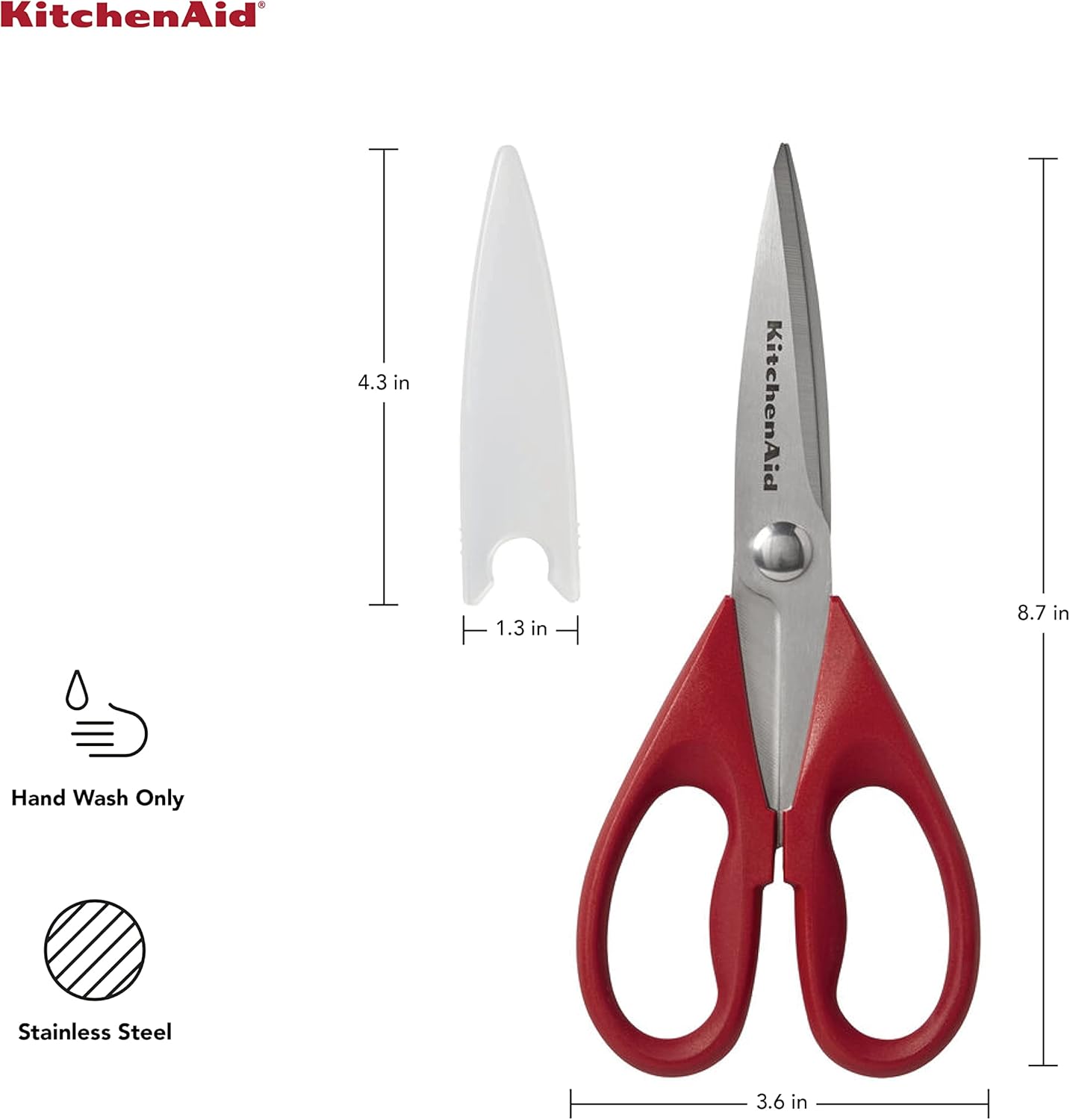 KitchenAid All Purpose Kitchen Shears with Protective Sheath Durable Stainless Steel Scissors, Dishwasher Safe, Soft Grip Comfort Handle, 8.72 Inch, Red