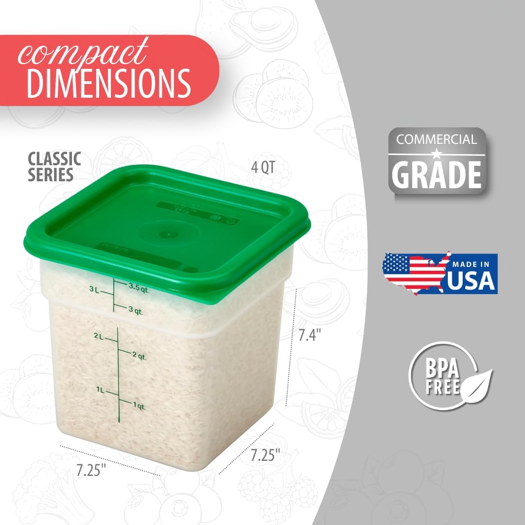 Cambro Food Storage Container with Lid (Microwave Safe and BPA-Free) - 2 Pack - Classic Series Square with Green Lid - 4 QT (Quart) - Commercial Grade for Food Prep (Translucent)