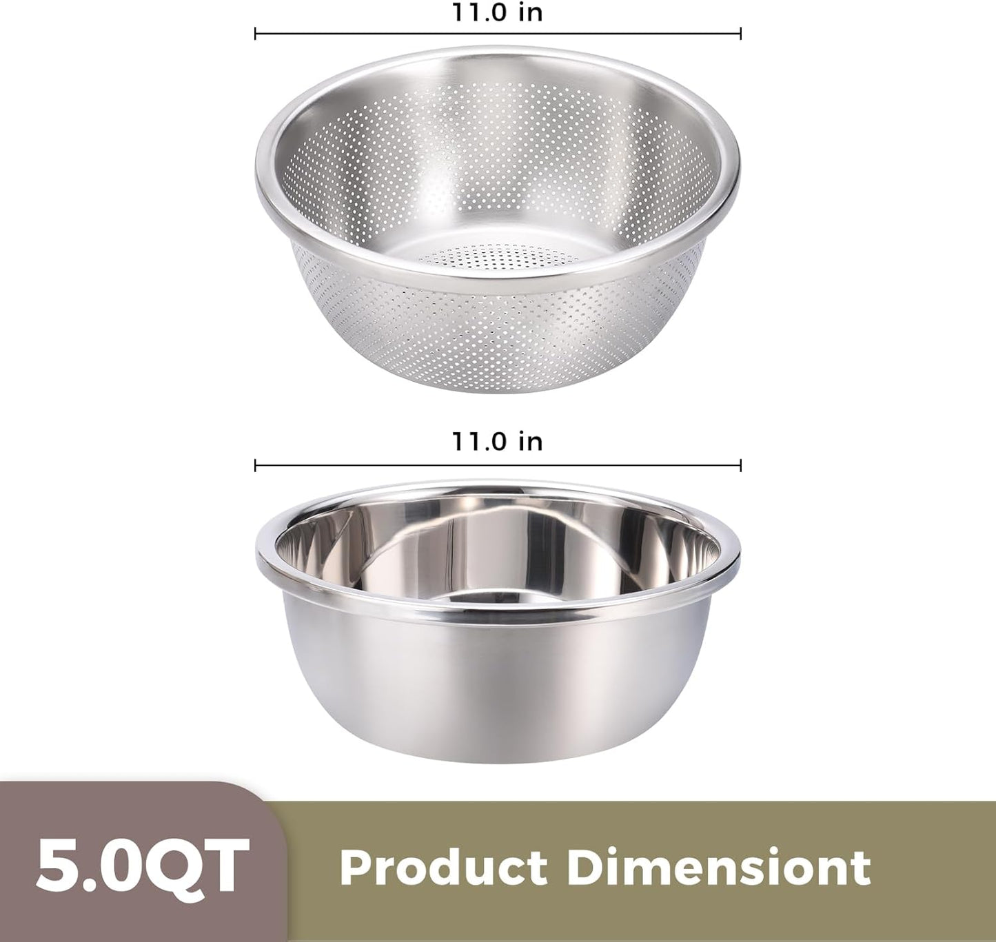 Colander and Bowl Set 5.0QT (2-in-1) - Thickened 304 Stainless Steel Kitchen Strainer Bowl for Fruit, Pasta, Vegetables, Rice - Heavy Duty, Induction Cooker & Dishwasher Safe