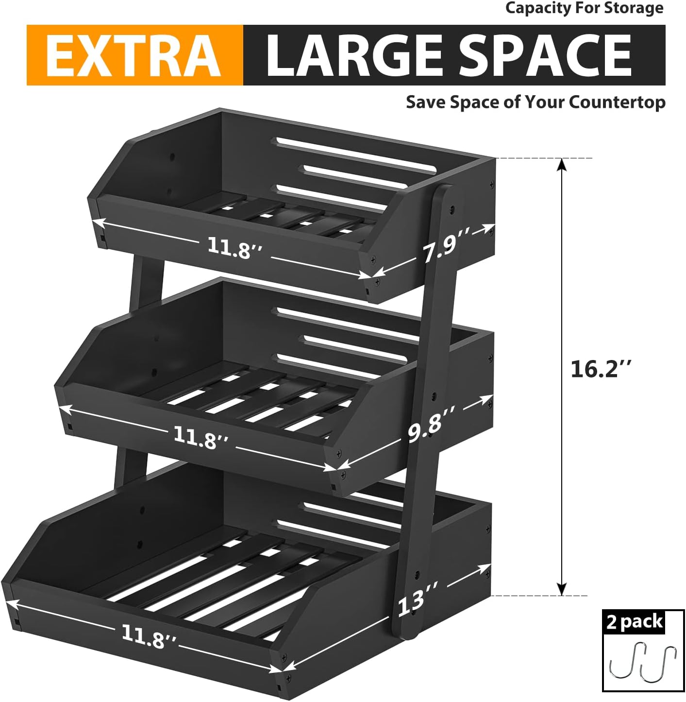 Bamboo Fruit Basket for Kitchen – 3 Tier Fruit Bowl For Kitchen Counter, Large Fruit Holder With 2 Banana Hangers, Idea For Fruit and Vegetable Storage, Bread Basket, Snack Organizer(BLACK)