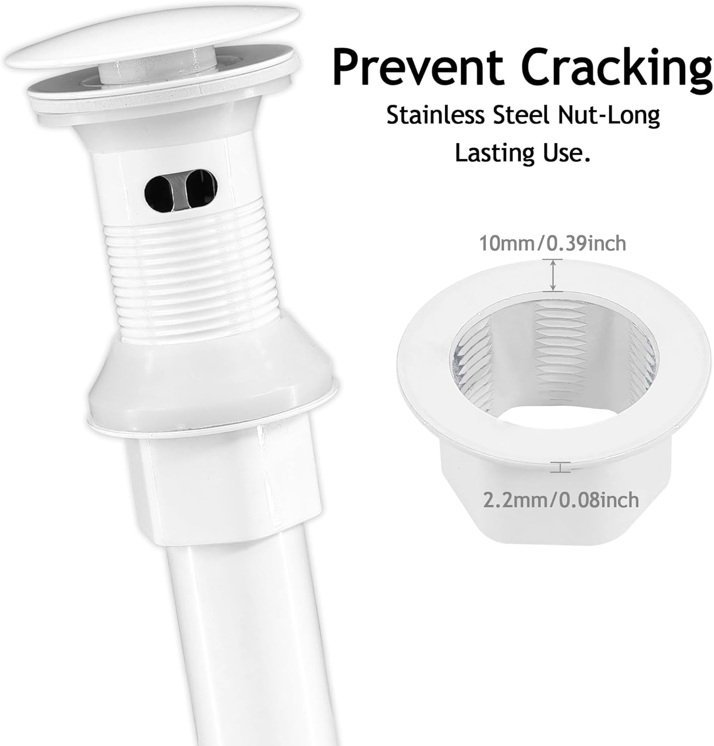 Bathroom Sink Drain,Drain Stopper Bathroom Sink with Overflow,Pop Up Drain Assembly with Detachable Strainer Basket,Built-in Anti-Clogging, Stainless Steel Nut White