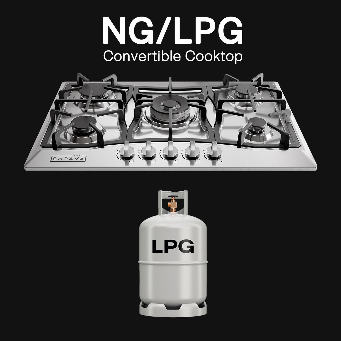 Empava 30" Gas Cooktop with 5 Italy Sabaf Sealed Burners, NG/LPG Convertible, Stainless Steel in Black Model 2020