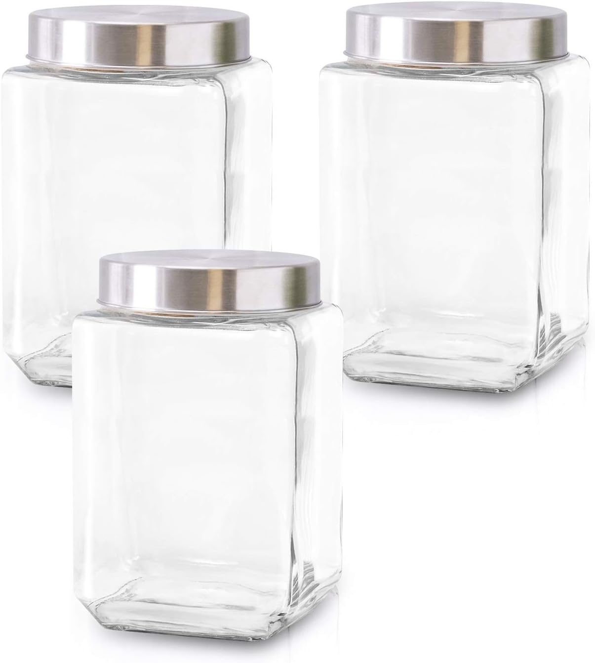 Glass Containers for Kitchen – Set of 3 Food Storage Containers – Storage Jars with Stainless Steel Lids – Suitable for Cookies, Snacks, Coffee – Screw-on Lid – 57oz Capacity