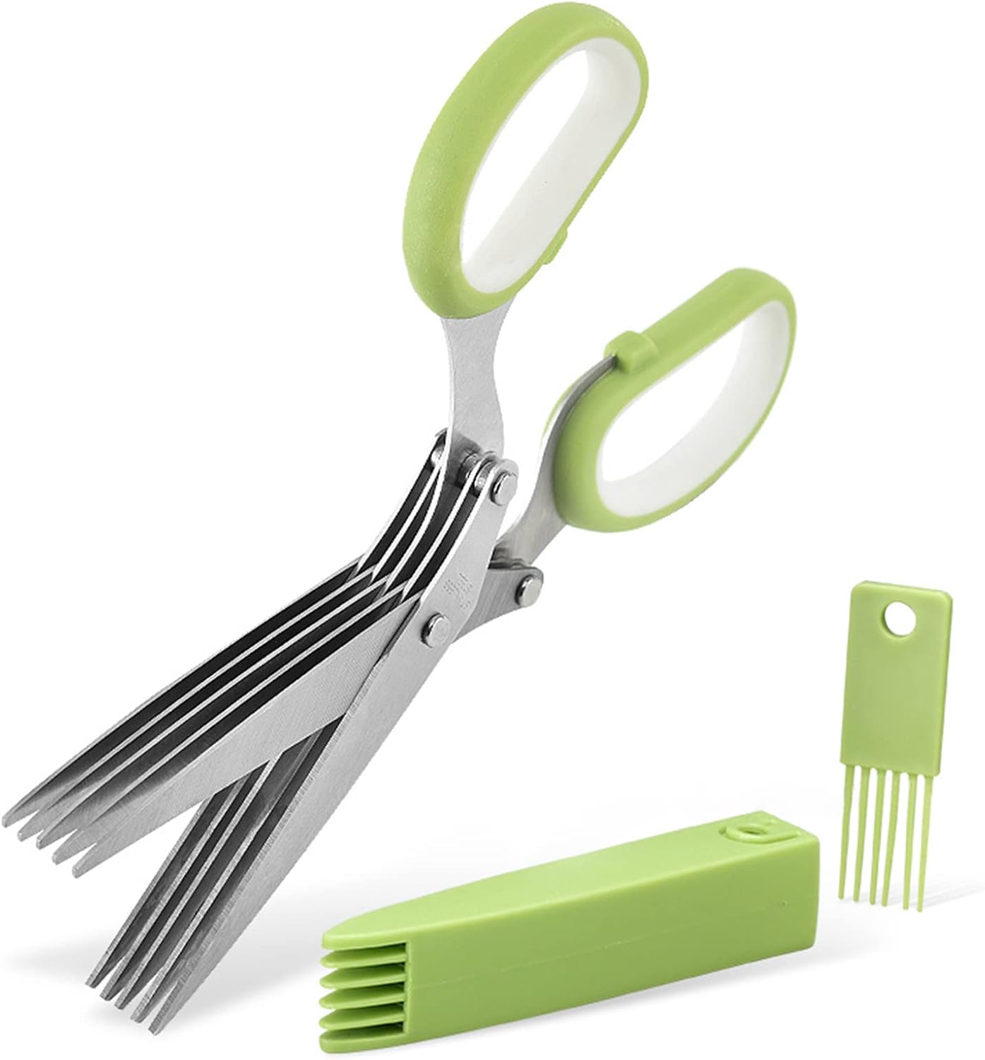 Gourmet Herb Scissors Set Multipurpose Cutting Shears with Stainless Steel 5 Blades, Herb Stripper, Safety Cover Cleaning Comb for Cutting Cilantro Onion Salad (Green)