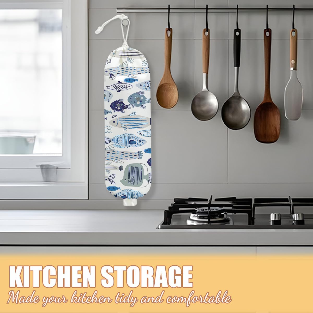 Fish Plastic Bag Holder, Wall Mount Grocery Bag Holder, Plastic Storage bag, Pull Rope Free Adjustment, Plastic Bag Holders for Grocery Bags, Plastic Bag Dispenser for Home Kitchen