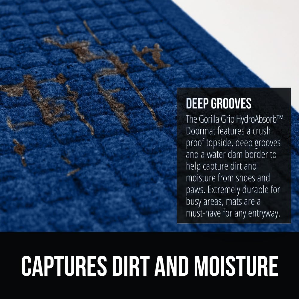 GORILLA GRIP Front Door Mat, 35x23, Indoor Outdoor Ultra Absorbent HydroAbsorb Doormat, Absorbs Up to 5.7 Cups of Water, Stain and Fade Resistant, Rubber Backing Doormats, Captures Dirt, Blue