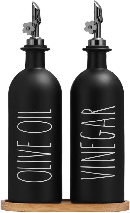 HOMCDALY 16oz Olive Oil Dispenser Bottles for Kitchen, Glass Black Oil&Vinegar Dispenser Set, Kitchen Olive Oil Bottles with Bamboo Tray| Set of 2 (16oz-P-Black)