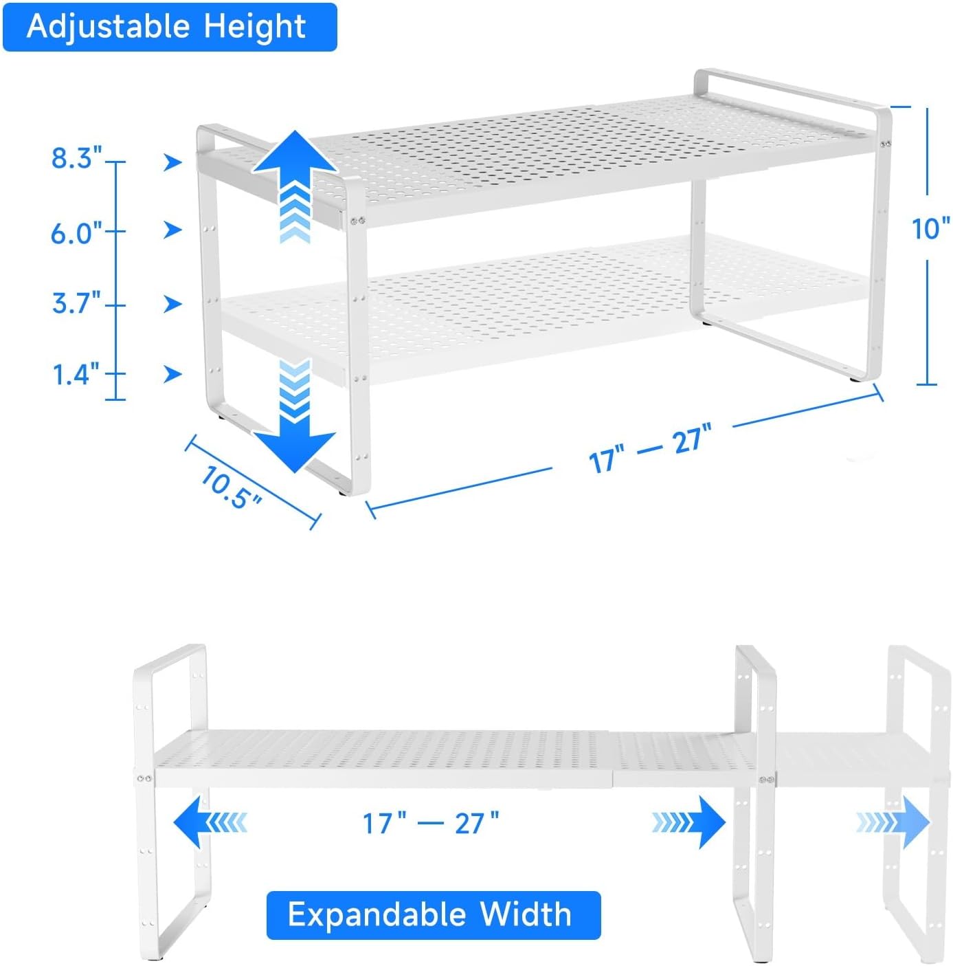 Expandable Cabinet Shelf Organizers, Kitchen Small Stand Rack Organization for Countertop Cupborad Pantry, White 2 Pack