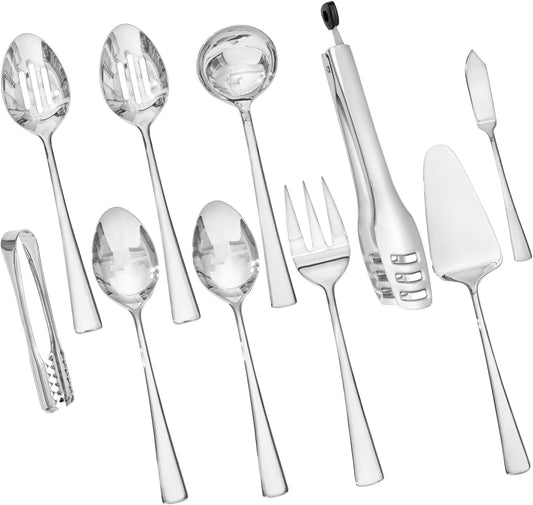 KINGSTONE 10 Piece Serving Utensils Set, 18/10 Stainless Steel Serving Utensils, Slotted Spoon, Fork, Tong, Soup Ladle, Cake Server, Butter Knife and Ice Tong for Buffet, Parties, Kitchen,Entertaining