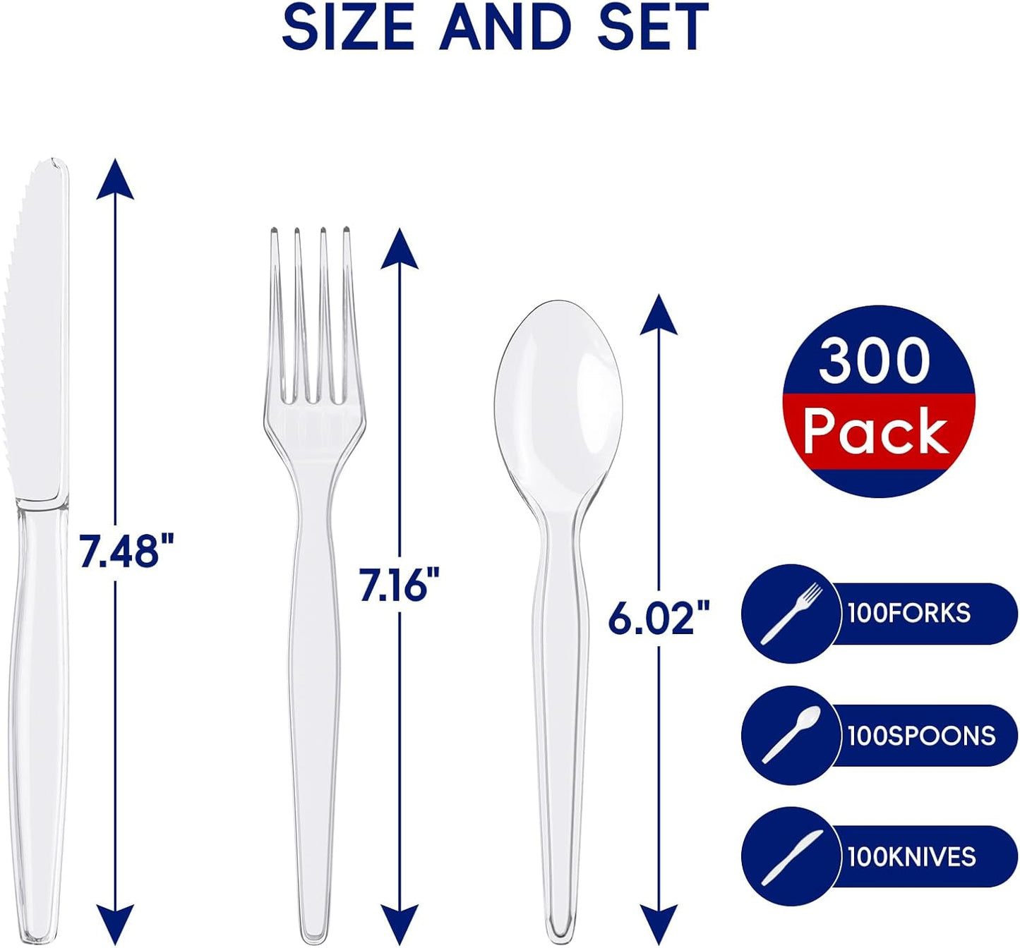 JOLLY CHEF 300 Count Clear Plastic Silverware, 150 Forks, 150 Spoons, 100 Knives, Heavy Duty BPA Free Disposable Plastic Cutlery Set, Plasticware Bulk, Premium Clear Utensils for Party Supplies