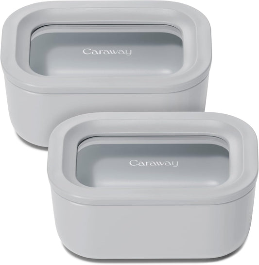 Caraway 2pc Glass Food Storage Set - 2.6 Cup Food Containers (2) - Non-Toxic Ceramic-Coated Glass - Air Release Technology - Compact & Stackable Design - Gray