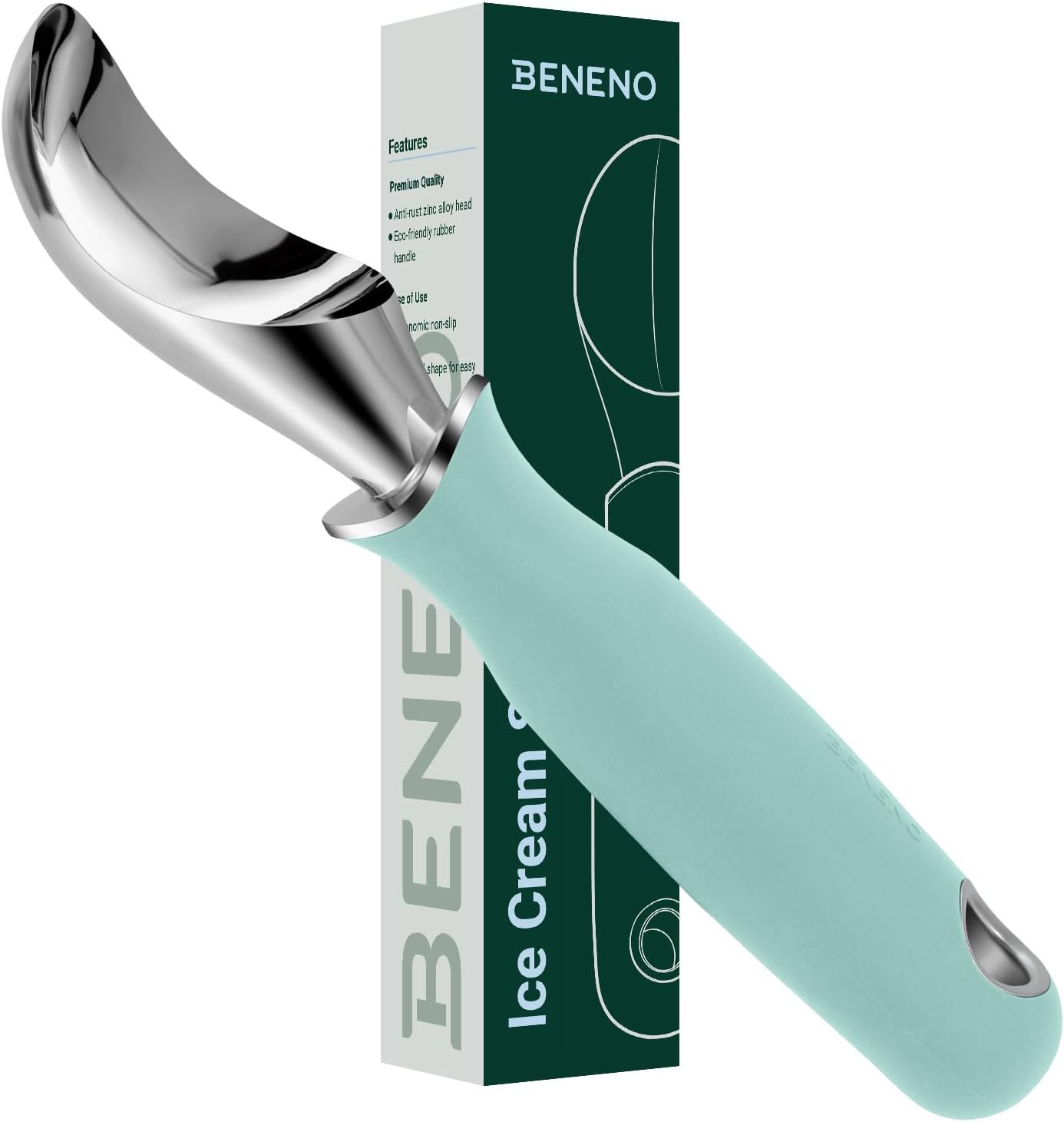 Beneno Heavy Duty Ice Cream Scoop - Upgraded Anti-Fracture Design, Comfortable Grip Long Handle, Effortless Scooping & Dishwasher Safe, Mint