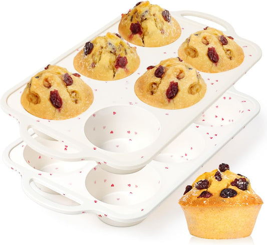 CAKETIME Large Muffin Pan, Metal Reinforced Frame 3.5 Inch Jumbo Silicone Muffin Pan Nonstick 6 Cups for Baking Jumbo Muffin, Frittatas, Cupcakes 2 Pack Love Heart