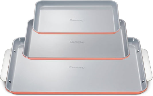 Caraway Non-Stick Ceramic Baking Sheet Trio - Naturally Slick Ceramic Coating - Non-Toxic, PTFE & PFOA Free - 18 x 13" Large, 15 x 10" Medium, & 9" x 13" Small - Perracotta