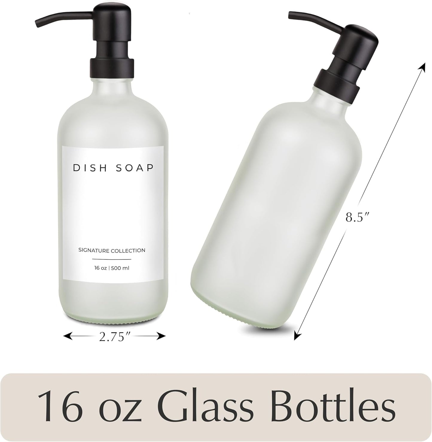 Emerson Essentials Glass Soap Bottle Dispensers, 2 Pack, Stainless-Steel Pumps Rust-Free, Hand Set for Bathroom Kitchen Sink, Liquid Lotion Shampoo Jars with 4 Waterproof Labels, 16 Oz Frost/Black