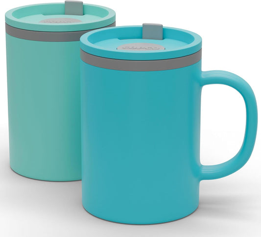 Copco Iconic 16oz Double Wall Insulated Desk Mug with Lid and Handle, Set of 2, BPA-Free Reusable Plastic, Spill-Proof, Microwave & Dishwasher Safe, Wide Mouth, Cup Holder Friendly (Aqua/Mint)