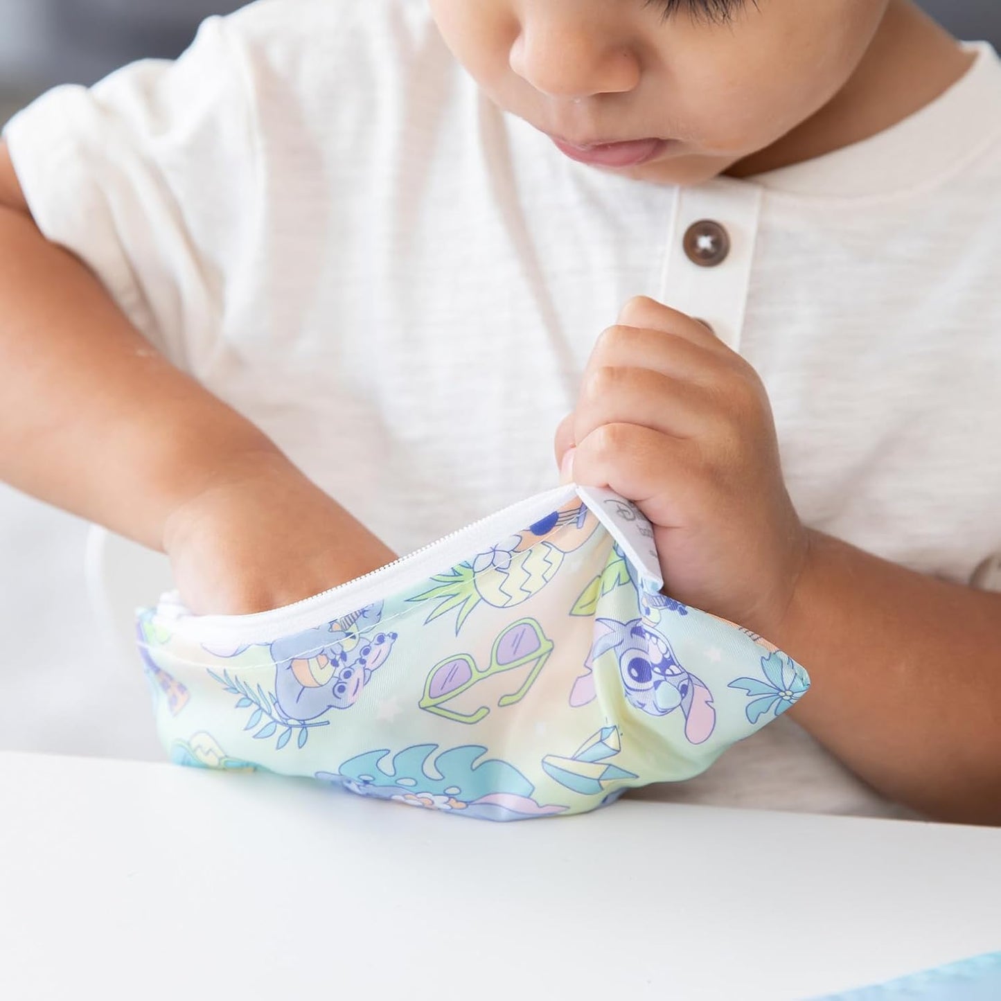 Bumkins Reusable Sandwich and Snack Bags, for Kids School Lunch and for Adults Portion, Washable Fabric, Waterproof Cloth Zip Bag, Travel Pouch, Food-Safe Storage, 4-pack Set Disney Stitch