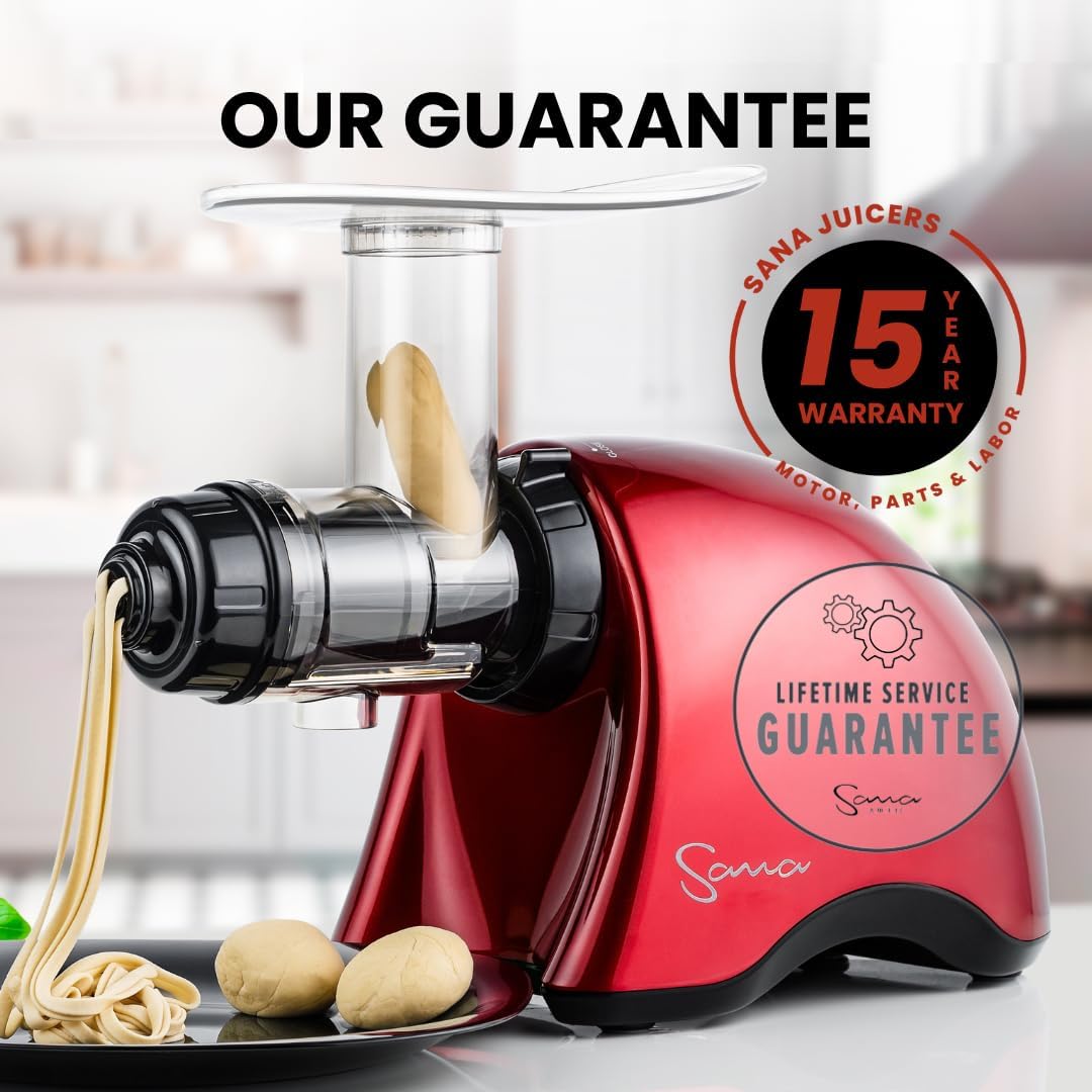 Cold Press SANA 707 Classic Horizontal Single Auger Slow/Low Speed Juicer | Easy Clean, Powerful Motor, Auto Feed, Compact, Celery Attachment, Frozen Desserts, Pasta Extrusion, 15 Year Warranty, Red