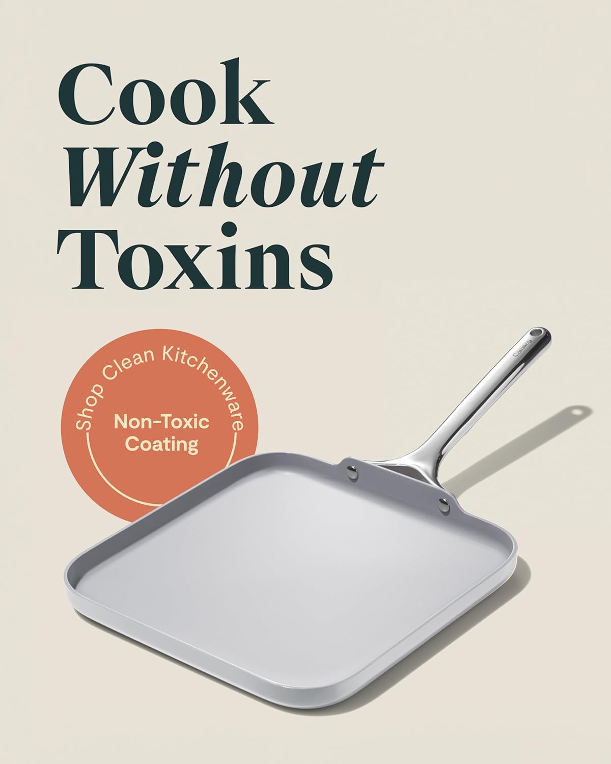 Caraway Square Griddle Pan - 11” Square Pan - Non-Stick Ceramic Coated - Non Toxic, PTFE & PFOA Free - Oven Safe & Compatible with All Stovetops - Gray