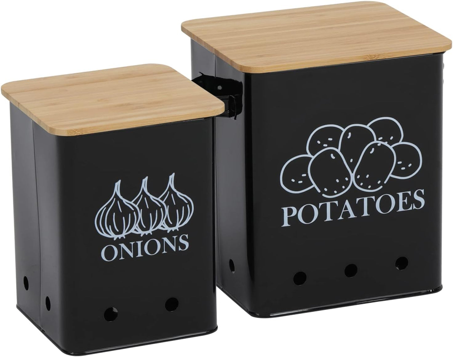 Kitchen Vegetable Storage Tins Set of 2 for Potatoes, Onion, with wooden lid Garlic Bin Caddy, Long Shelf Life-Black