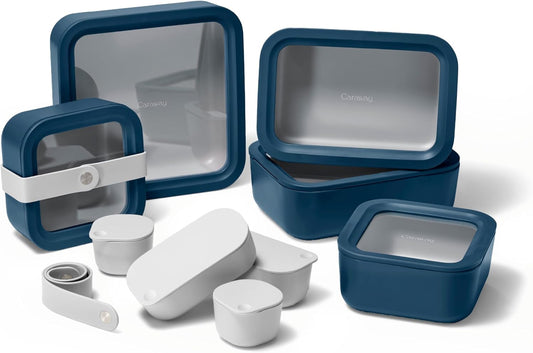Caraway 14pc Glass Food Storage Container Set - Easy to Store, Non Toxic Lunch Box - with Glass Lids - Includes Storage Organizer & Dot & Dash Inserts - Navy
