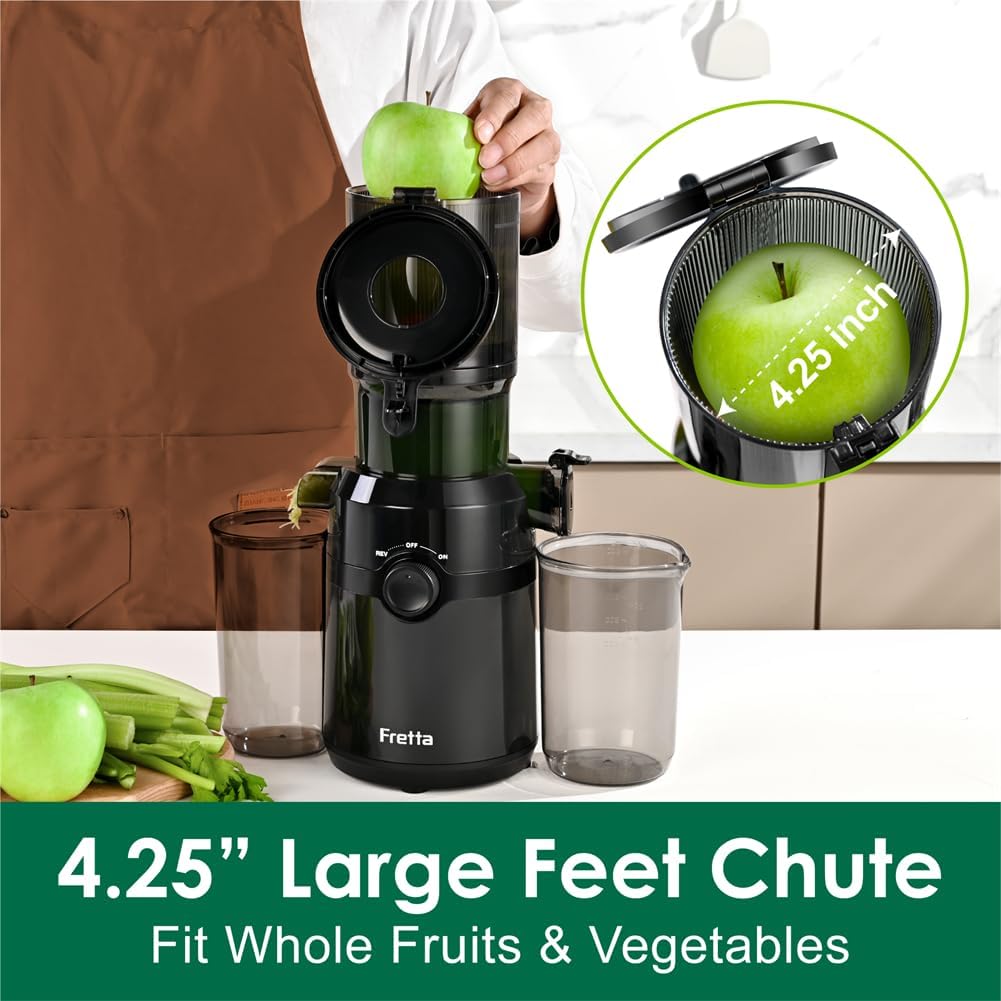 Cold Press Juicer Machines,Fretta Slow Masticating Juicer Machines with 4.25" Large Feed Chute,Fit Whole Fruits & Vegetables Easy Clean Self Feeding,High Juice Yield,BPA Free (Black)