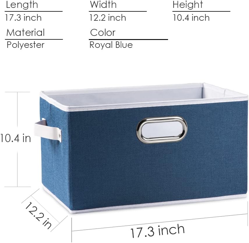 PRANDOM Larger Collapsible Storage Bins for Closet [5-Pack] Decorative Linen Fabric Storage Baskets Cubes with Leather/Metal Handles for Living Room Royal Blue (17.3x12.2x10.4 Inch)