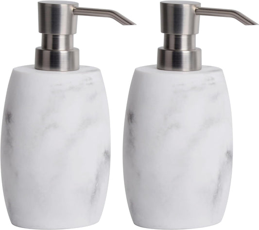 Resin Soap Dispenser Set 2, Refillable Hand Soap Dispenser with White Marble Look and Metallic Pump, Kitchen, Bathroom, Waterproof Labels (12 Oz)