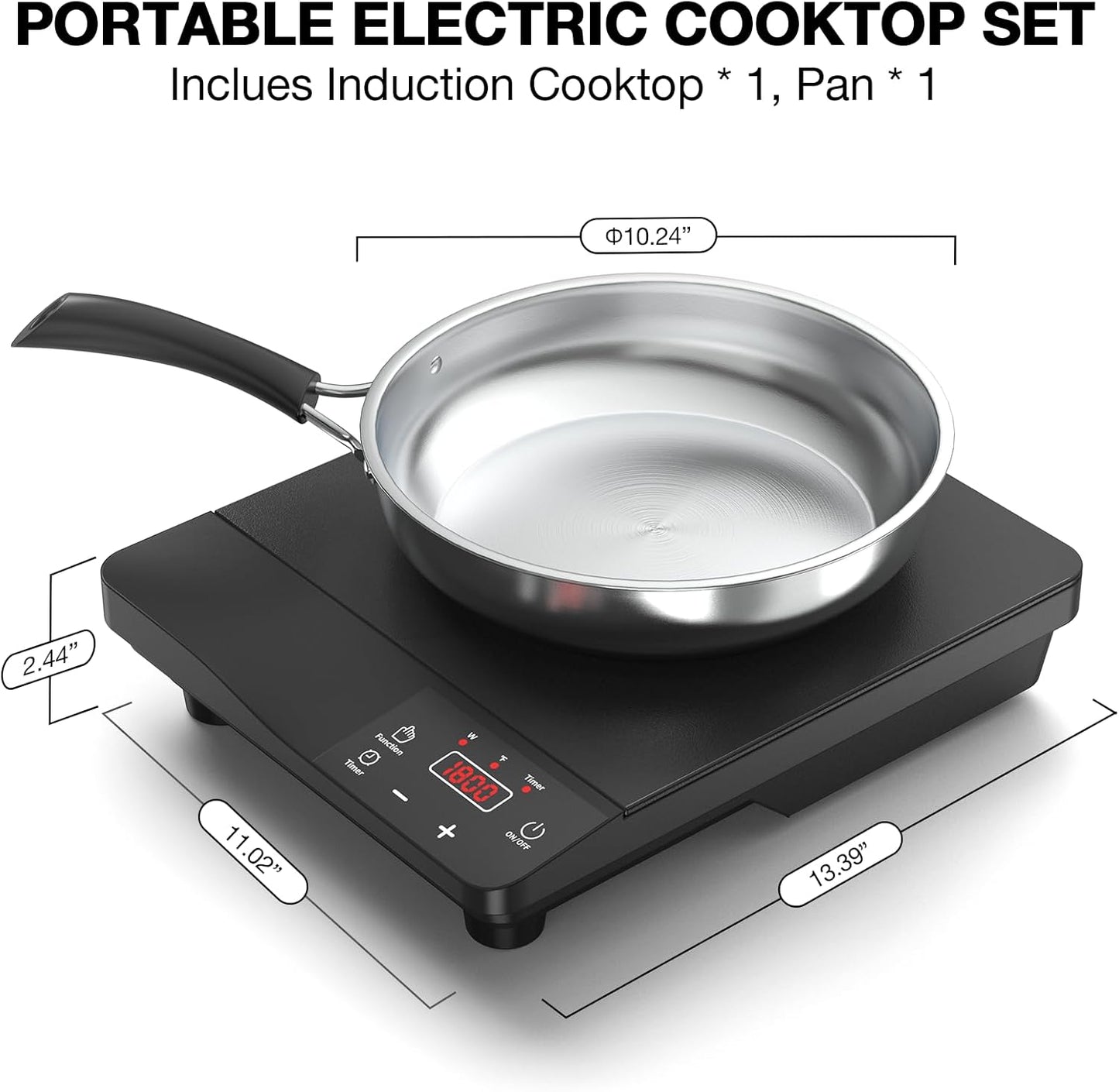 Induction Cooktop,1800W Portable Induction Burner & 10 Inch Fry Pan,110V-120V Hot Plate for Home, Electric Cooktop with 8 Power & 8 Temperature Levels,Timer