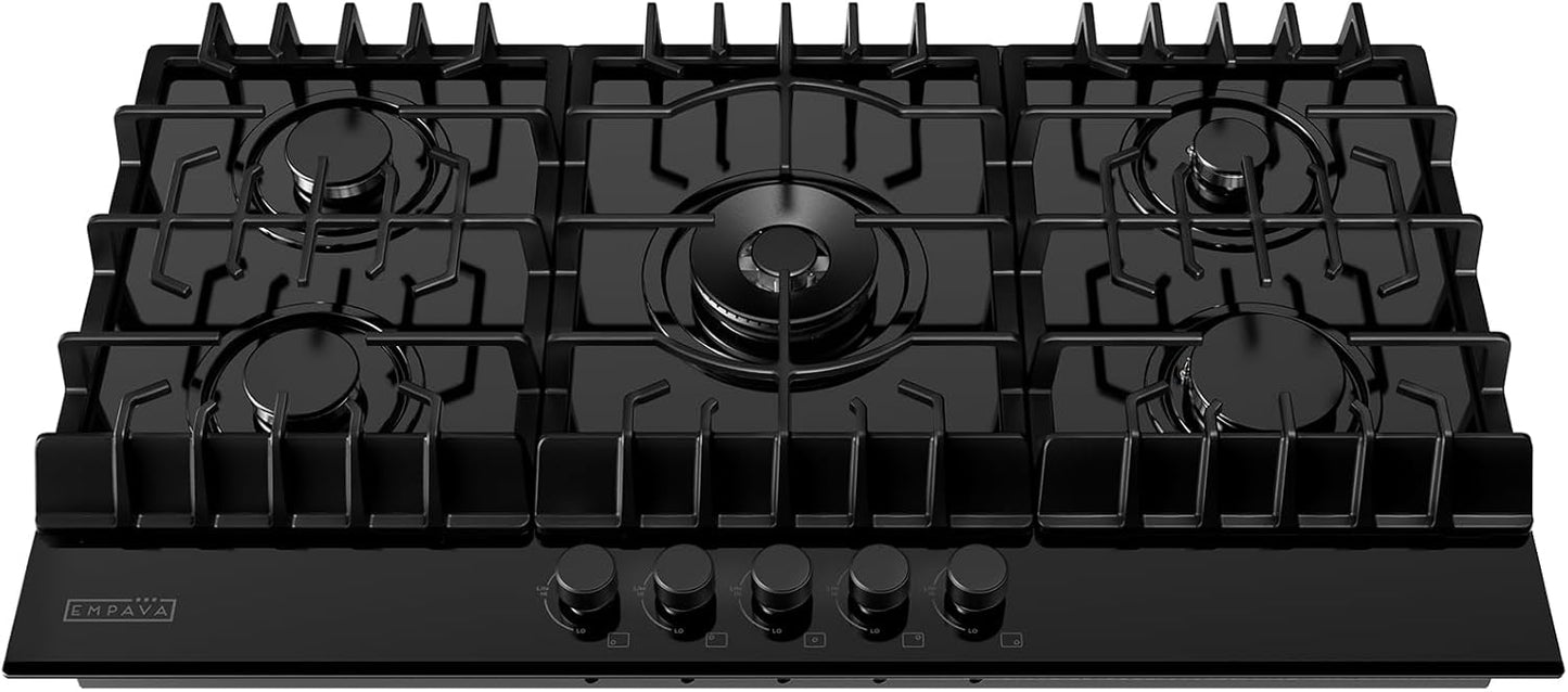 Empava 36" Gas Stove Cooktop NG/LPG Convertible with 5 Italy Sabaf Sealed Burners in Black Tempered Glass, 36 Inch