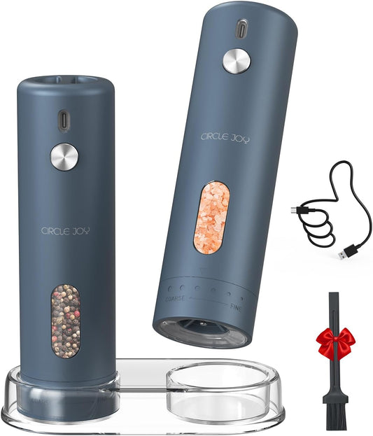CIRCLE JOY Rechargeable Electric Salt and Pepper Grinder Set with Base, Automatic Pepper Mills with 110ml Container, External Adjustable Coarseness, White Led Light and One-Handed Operation, Blue