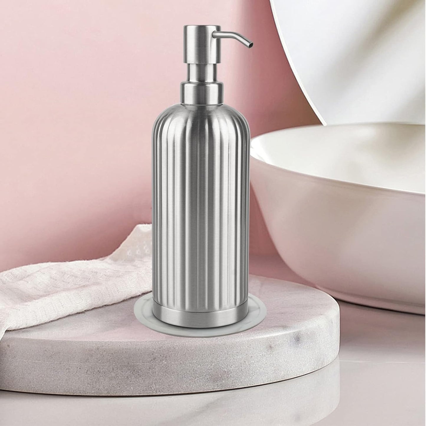 Soap Dispenser 18 Oz with Non-Slip Coaster, Stripe Design Dish Soap Dispenser Brushed Nickel, Refillable Liquid Hand Soap Dispenser for Bathroom, Kitchen Soap Dispenser Premium Stainless Steel