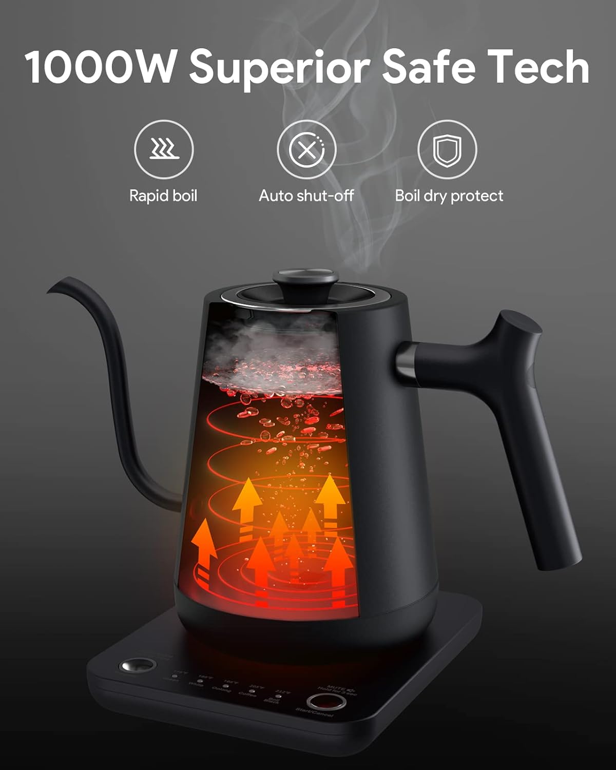 Gooseneck Electric Tea Kettle Pour-Over Kettle for Coffee, with 5 Variable Presets, 100% Stainless Steel Inner, with Keep Warm and Mute Function 0.8L, 1000W Quick Heating, Matte Black