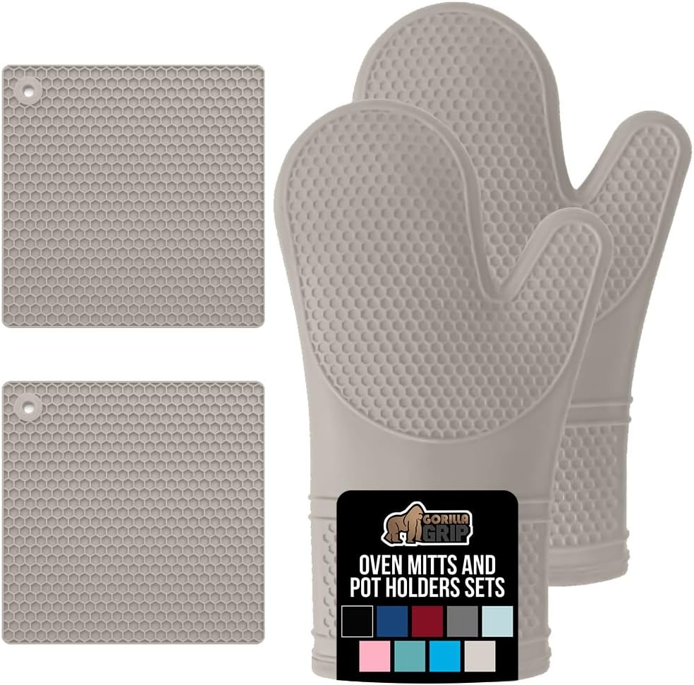 GORILLA GRIP BPA-Free Soft Silicone Oven Mitts and Pot Holders Sets of 4, Heat Resistant Waterproof Cooking Gloves, Thick Cotton Lining, Flexible Gripping for Baking Grilling, Kitchen Trivets, Almond