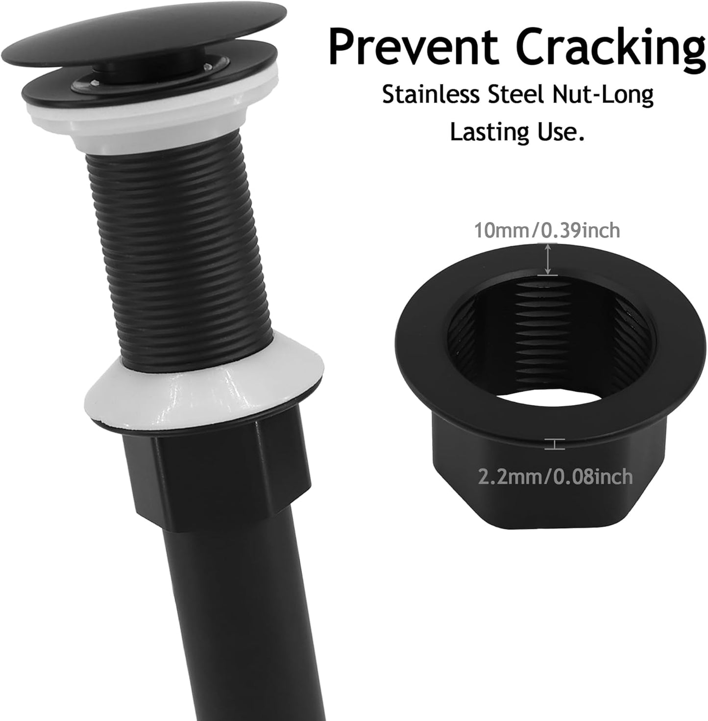 Bathroom Sink Drain,Drain Stopper Bathroom Sink Without Overflow,Pop Up Drain Assembly with Detachable Strainer Basket,Built-in Anti-Clogging, Stainless Steel Nut Mattle Black