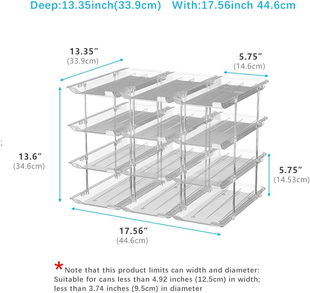 Can Organizer For Pantry, Adjustable Height And Width Canned Goods Organizer, Soup Can Rollers Organizer Holds Up to 48 Cans for Kitchen Cabinet or Refrigerator (CLear 4 Tier)