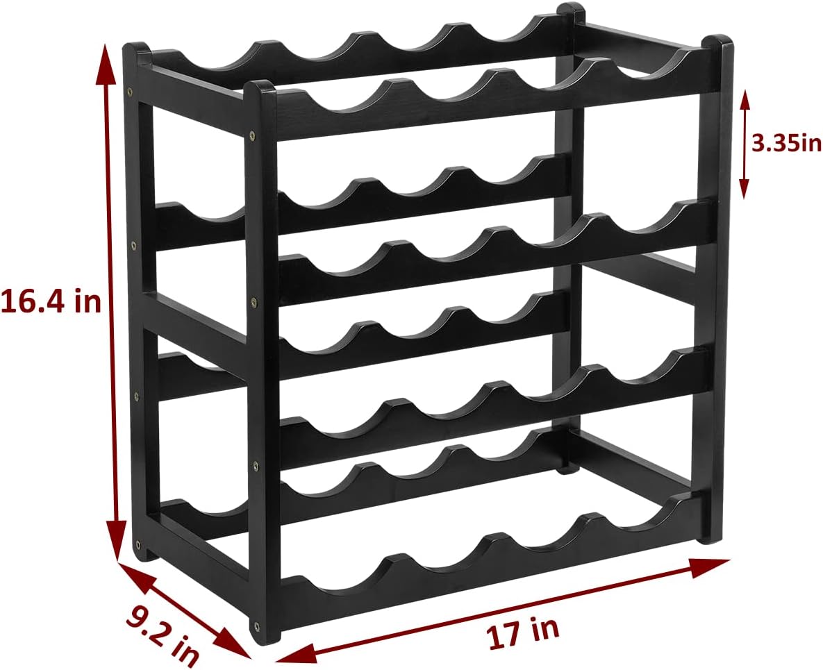 Bamboo Wine Rack, Sturdy and Durable Wine Storage Cabinet Shelf, Wine Racks Countertop for Pantry - 4 Tiers 16 Bottle Wine Rack Black